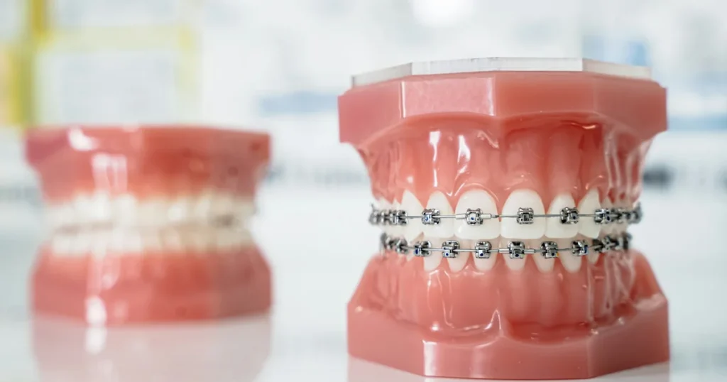Dental model with metal braces brackets and archwires on upper and lower teeth for straightening